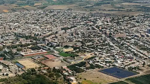 An aerial view Vagharshapat and its churches (see locations marked). Hripsime is on top right corner.