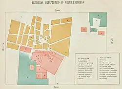 A map of the town of Vagharshapat (brown) and Etchmiadzin monastery (red) in the late 19th century (by Ghevont Alishan). The cathedral is marked as 1.