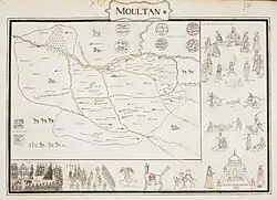 Elaborately illustrated map of the Multan Subah of the Mughal Empire, commissioned by Jean Baptiste Joseph Gentil, ca.1770