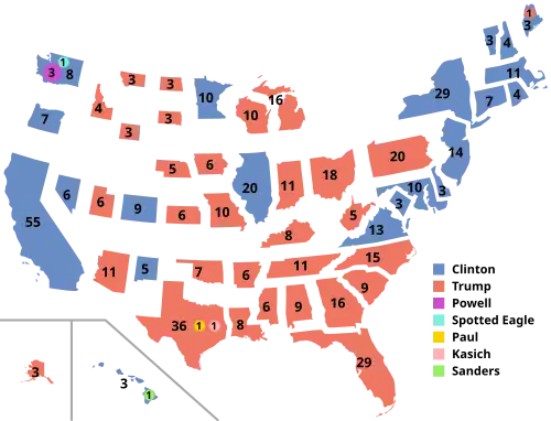 A discontinuous cartogram of the 2016 United States presidential election, scaled by their Electoral College contribution