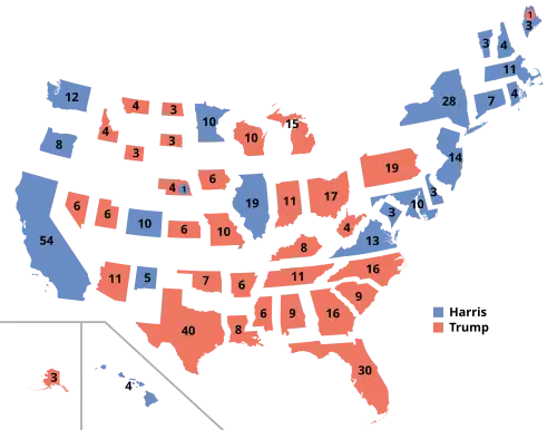 A discontinuous cartogram of the 2024 United States presidential election, scaled by their Electoral College contribution