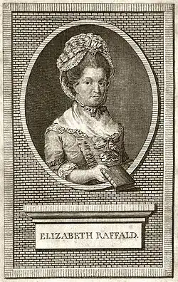 Elizabeth Raffald, holding a copy of a book, pictured in an oval surround with a brick background.