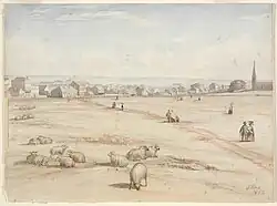 A watercolour showing the church in the distance with several buildings. Sheep are grazing in the foreground.