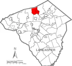 Map of Lancaster County highlighting Elizabeth Township
