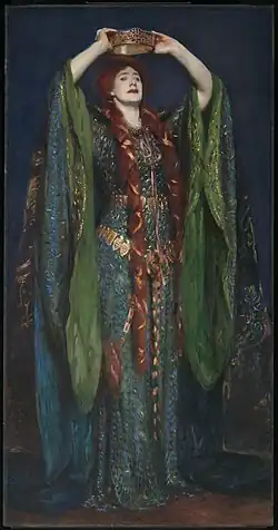 Painting by John Singer Sargent of White woman holding gold crown aloft, dressed in magnificent iridescent green medieval gown designed by Alice Comyns Carr and covered in green beetle wings
