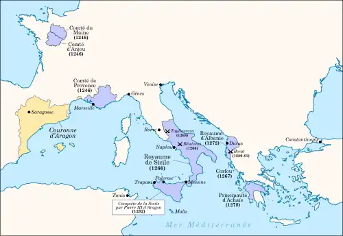 A map presenting Charles's realms: Anjou and Maine in the middle of present-day France; Provence in southeastern France; the Regno in southern Italy; Albania in present-day Albania and northeastern Greece; Achaea in southern Greece.