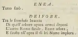 Four lines of an early modern Latin manuscript, printed. In modern orthography, they read atque haec ipse suo tristi cum corde volutat / aspectans silvam immensam, et sic forte precatur: / 'si nunc se nobis ille aureus arbore ramus / ostendat nemore in tanto! quando omnia vere