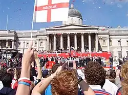 England cricket fans celebrate in Trafalgar Square, 2005.