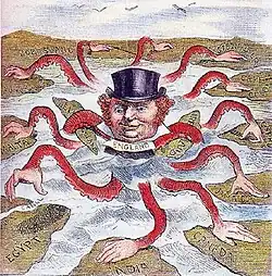 An 1882 American cartoon of John Bull as the "Imperial Octopus" with its arms in various regions.