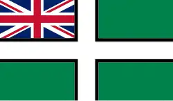 The Devon Ensign adds a Union Flag into the Canton of the Devon Flag. This flag is described as for use at regatta, high days and holidays, weddings, and burials at sea.[18][19]