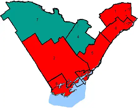 Map of the region's ridings in 2000. Colors show the result from the 2000 election.