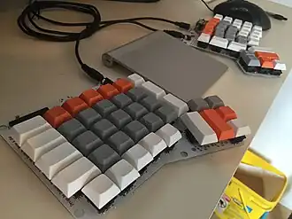 ErgoDox, adjustable-split with staggered columns and thumb blocks
