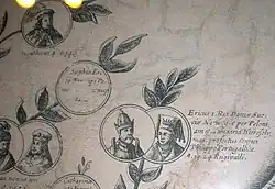 Philippa (genealogically misidentified) with King Eric on an old print displayed at Darlowo Castle