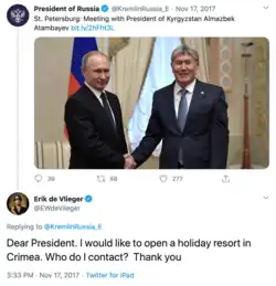 Screenshot of Erik de Vlieger’s comment on the Russian embassy’s account expressing his intention to open a holiday resort in occupied Crimea.