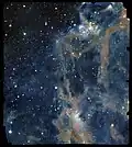The focus of the image is a portion of LDN 1641, an interstellar nebula in the constellation of Orion. In this view, a deep-black background is sprinkled with a multitude of dots (stars) of different sizes and shades of bright white. Across the sea of stars, a web of fuzzy tendrils and ribbons in varying shades of orange and brown rises from the bottom of the image towards the top-right like thin coils of smoke.