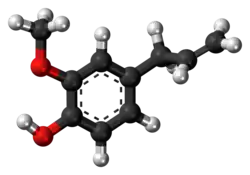 Ball-and-stick model of the eugenol molecule