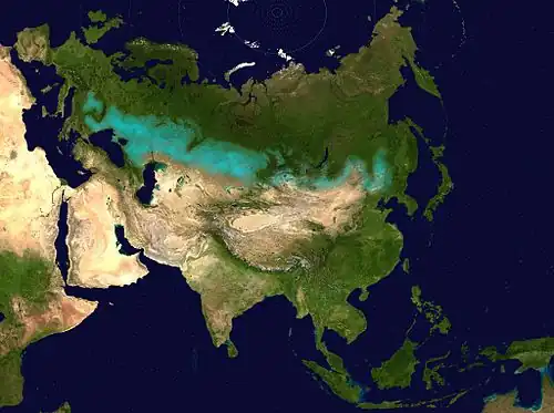 The Kazakh Steppe is part of the Eurasian Steppe Belt (in on the map).
