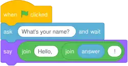 A coded example, using the ask block for the users' name, then responding with it,