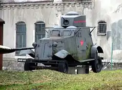 FAI-M replica on UAZ-469 chassis, fake machine gun and fake frame aerial (real FAI never had radio), stored at Border Guard Barracks in Białystok, Poland