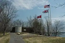 Pre-1801 Union flag, together with the Flag of the United States and Flag of Tennessee, at Fort Loudoun (Tennessee)