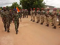 New Forces general Bakayoko reviews his troops who are standing at attention in regularized uniforms