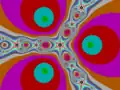 Newton fractal for three degree-3 roots p(z) = z3 − 1, coloured by number of iterations required
