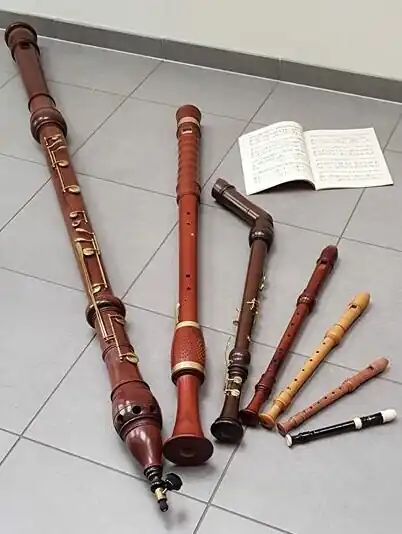 Family of neo-baroque recorders, contrabass at left