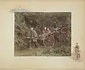 Jinriki, 1886. Hand-coloured albumen print on a decorated album page. A rickshaw driver, two passengers and a bearer