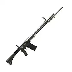 Stgw. 57 with iron sights, bayonet and folded bipod. On display at Morges castle museum.