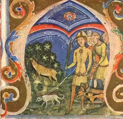 Chronicon Pictum, Hungarian, Hun, miraculous deer, hunting, Scythian, Hunor, Magor, scepter, medieval, chronicle, book, illumination, illustration, history