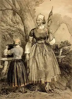 This lithograph depicting a woman from Pont-l'Abbé was shown at the "Galerie armoricaine" in 1848 and was included in "Costumes et vues pittoresques de la Bretagne" published in Nantes by Charpentier Père et Fils.