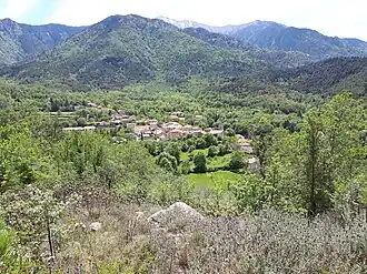The village of Fillols (Conflent), lying at the foot of Canigou mountain.