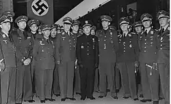 A black-and-white photograph of Spanish military personnel in Wehrmacht military uniform