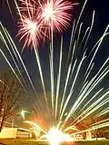 Photo of exploding artillery shell fireworks. Backyard fireworks in Denton, Texas, 60 second exposure