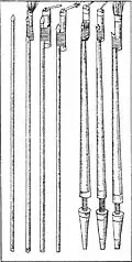 Illustrations of fire lances from De la pirotechnia by Vannoccio Biringuccio c. 1540.