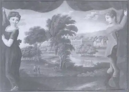 Fireboard with view of Chatsworth, Derbyshire, England, by M.F. Corné