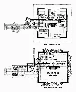 Black ink floor plans from the original article. Rooms are arranged as described in main text with main entrance and pergola at left.