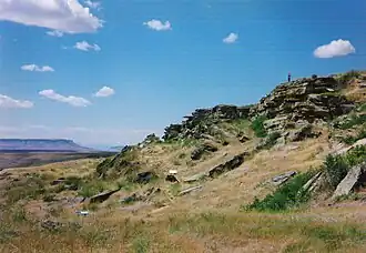 Ulm Pishkun. Buffalo jump, SW of Great Falls, Montana. The Blackfoot drove bison over cliffs in the autumn to secure the winter supply. The Blackfoot used pishkuns as late as the 1850s.[122]