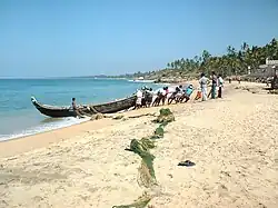 Fishermen and bystanders bringing a fishing boat ashore on Kovalam (Lighthouse) beach (May 2002)