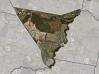 Satellite imagery of Fitzgibbon with suburb boundary shown