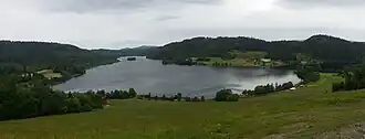 An image depicting Storvatnet lake in the middle ground with green grass in the foreground and foliage in the background