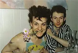 Nick Marsh and Kevin Mills of Flesh for Lulu during a dinner interview in San Francisco, 1987