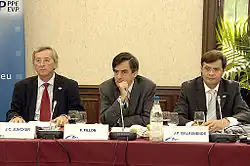Prime Minister of Luxembourg Jean-Claude Juncker, Prime Minister of France François Fillon and Prime Minister Jan Peter Balkenende at a European People's Party conference in Brussels on 21 June 2007.