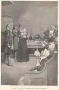 "There is a flock of yellow birds around her head." Engraved illustration by Howard Pyle, to accompany "Giles Cory, Yeoman," a play by Mary E. Wilkins, Harper's New Monthly Magazine, Volume LXXXVI, 1893, p.&nbsp;31