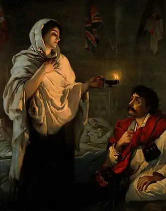 A painting by Henritta Rae called The Lady with the Lamp.