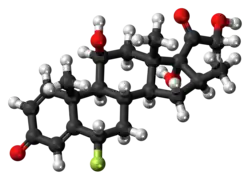 Ball-and-stick model of the fluprednisolone molecule