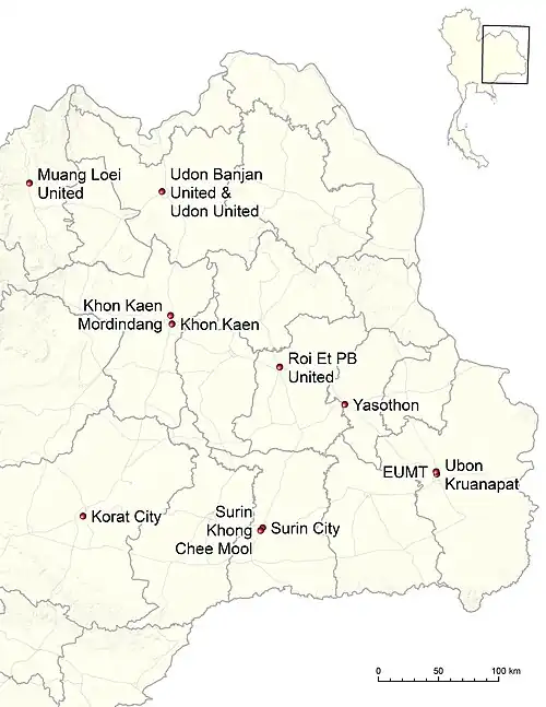 Locations of the 2025–26 Thai League 3 Northeastern Region clubs