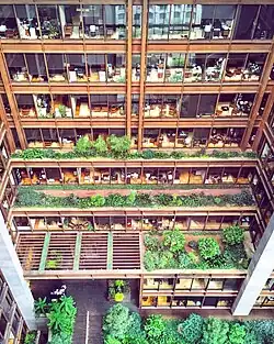 View of the atrium from the upper stories. Offices are visible on the far end of the atrium.