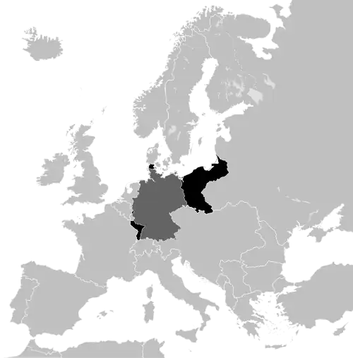 Eupen-Malmedy area and other German territories lost in both World Wars are shown in black, present-day Germany is marked dark grey on this 1914 map.