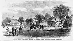 Black and white woodcut showing a man on horseback, freedmen, rustic cabins